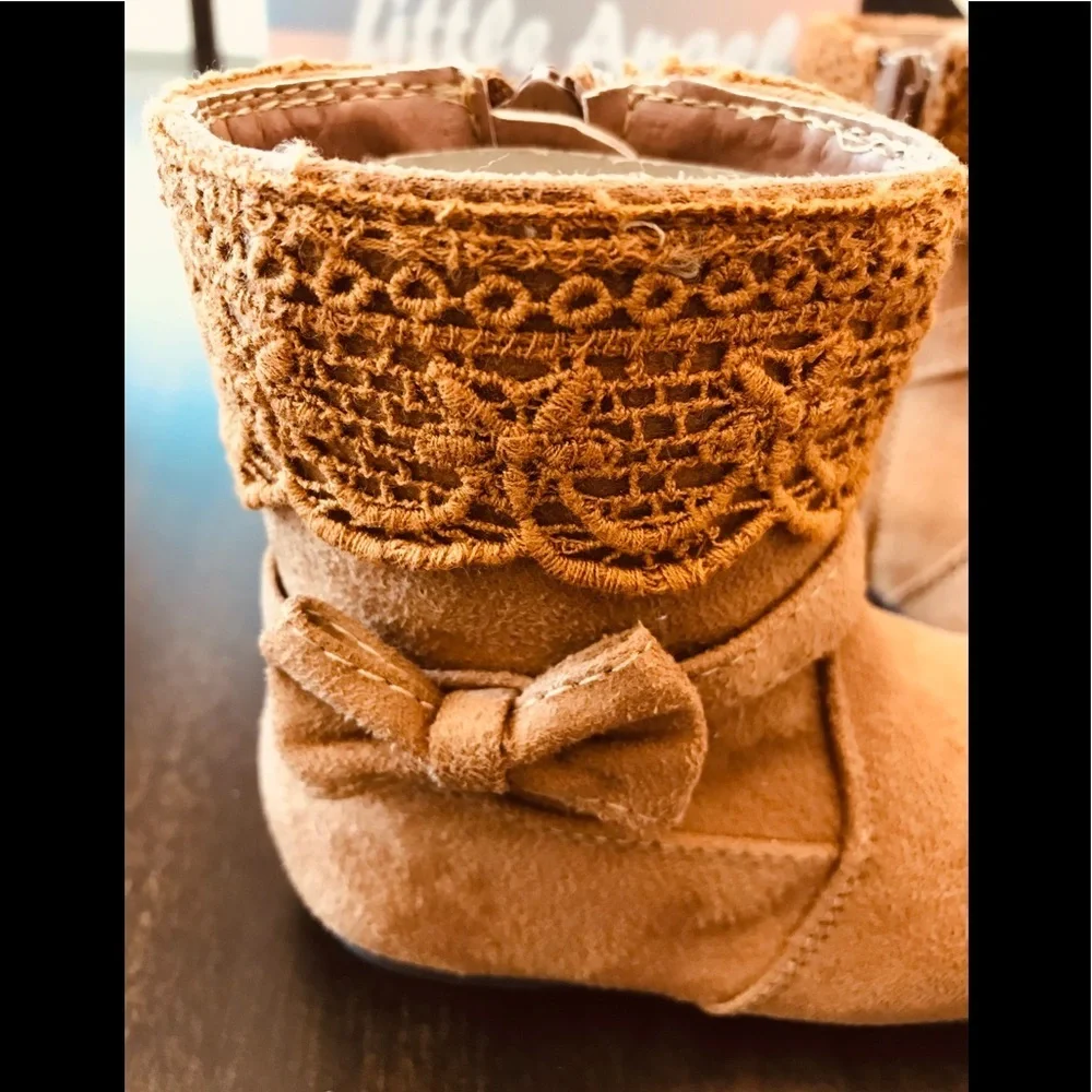 Little Angel Suede Camel Lace &Bow Toddler Boots